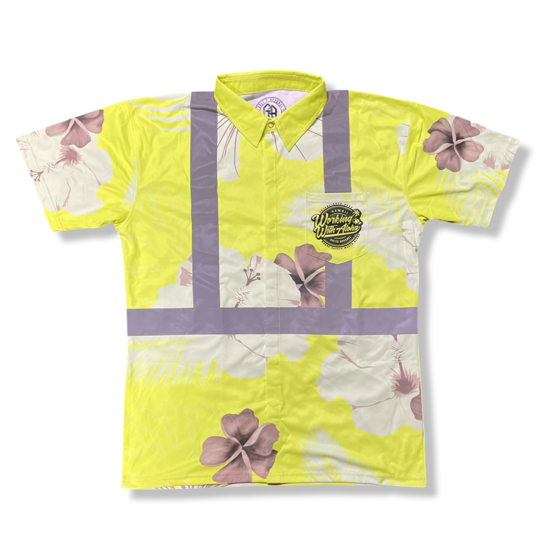 Yellow Tropical Flowers HI VIS Aloha polo