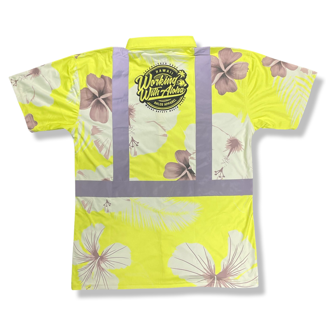 Yellow-Tropical Flowers - HI VIS Aloha polo