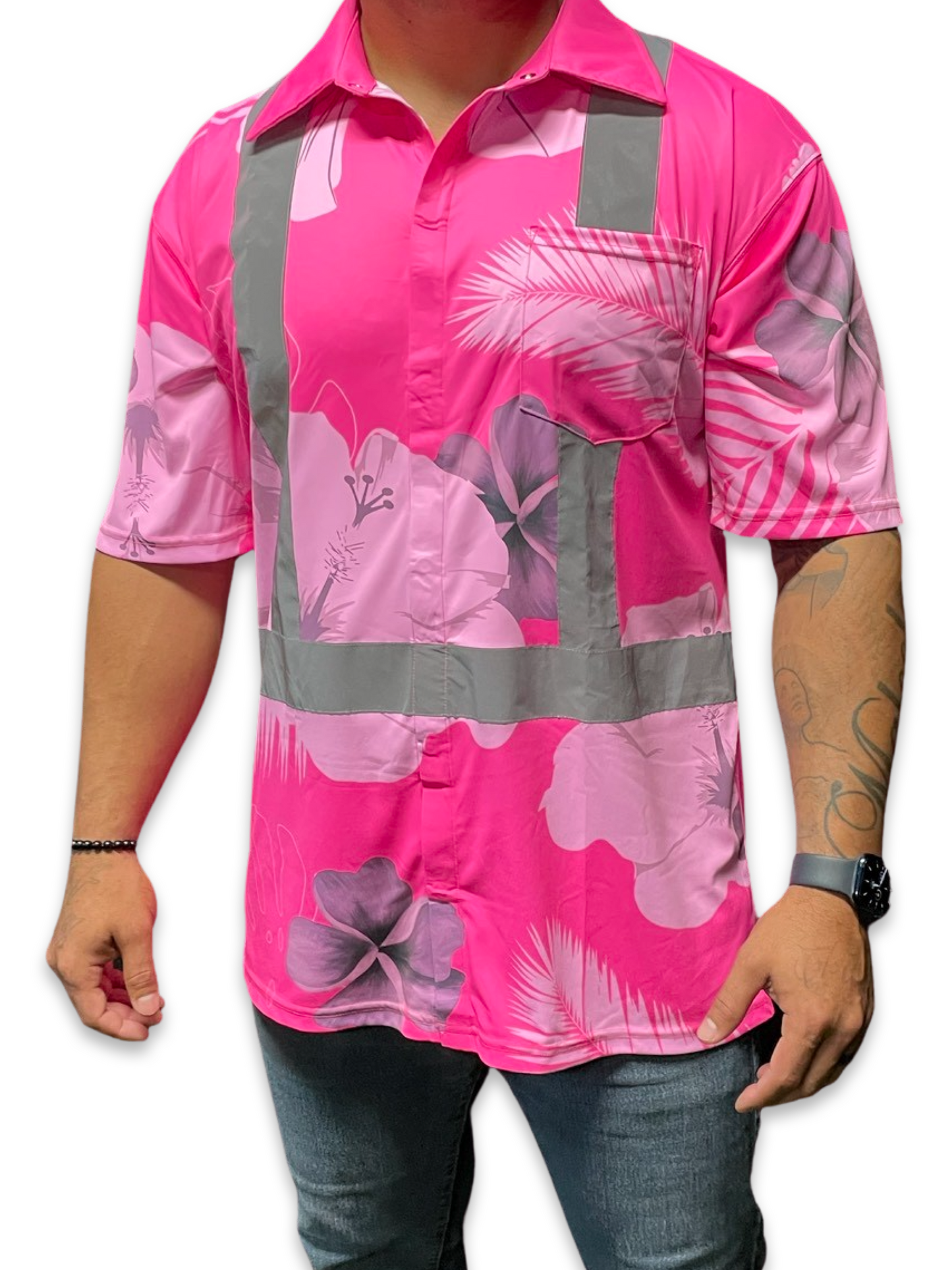 Pink-Tropical Flowers-HI VIS Aloha Polo