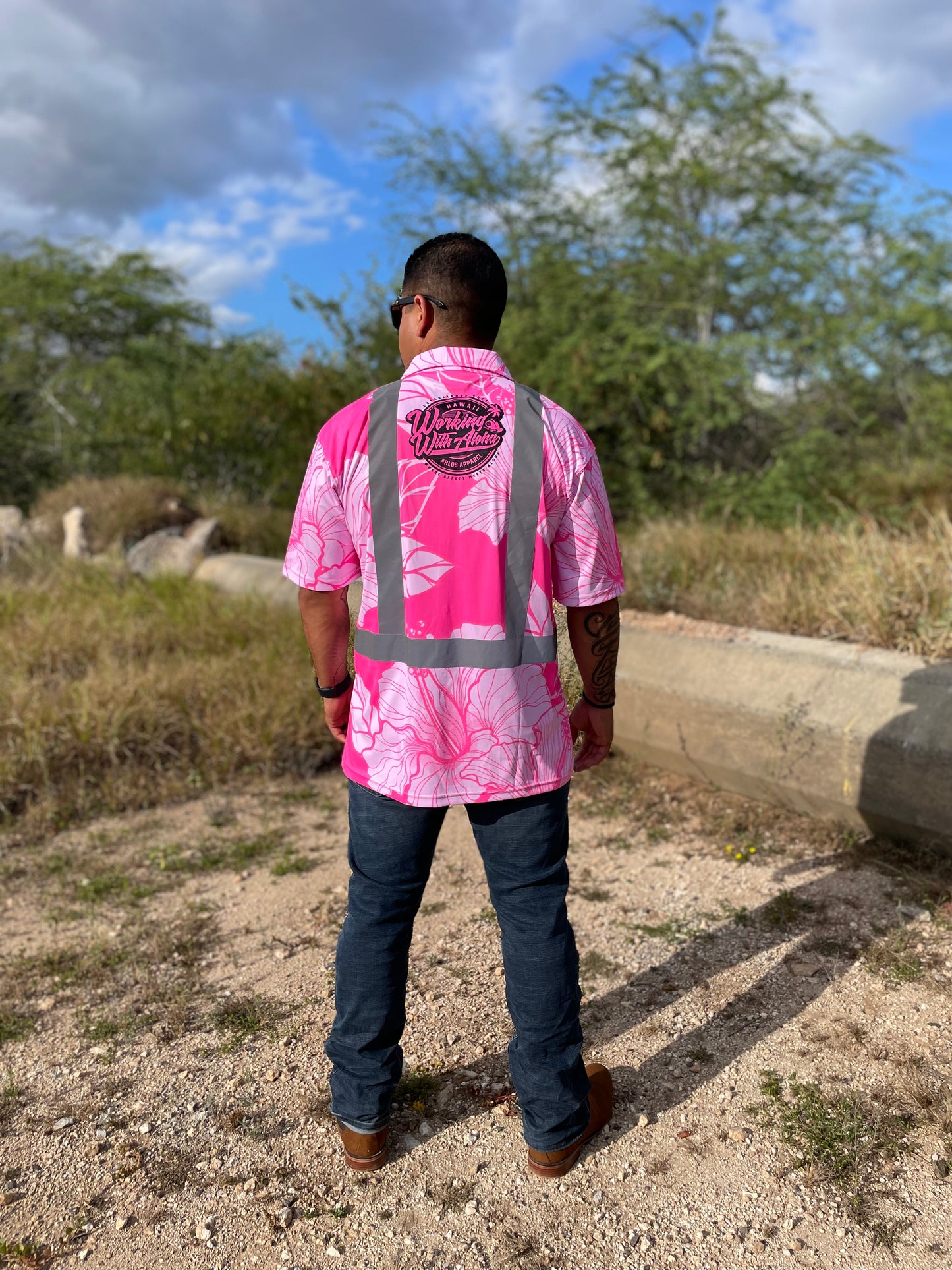 Pink - Hibiscus Flowers - HI VIS Aloha polo
