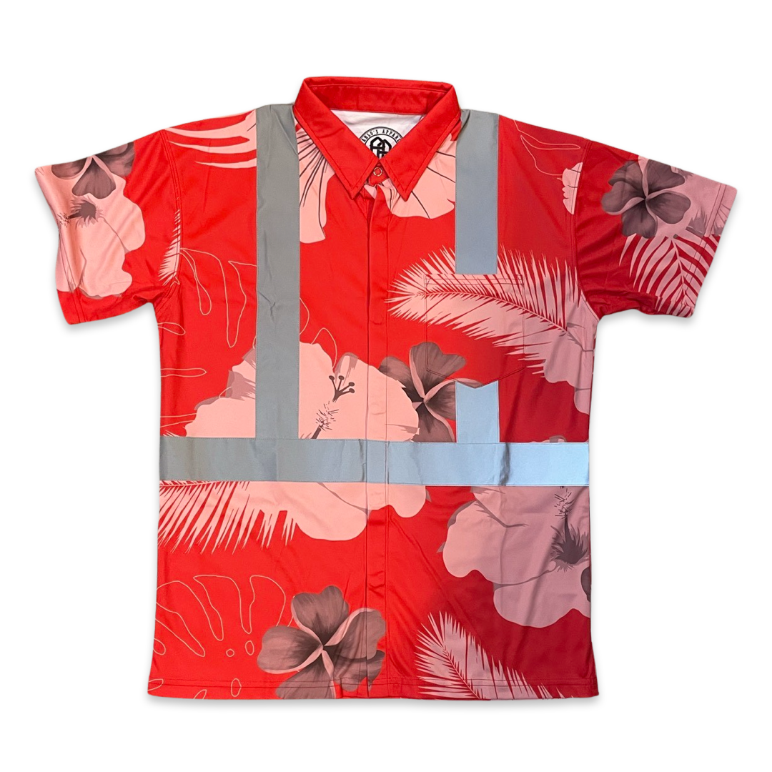 Red-Tropical Flowers-HI VIS Aloha Polo