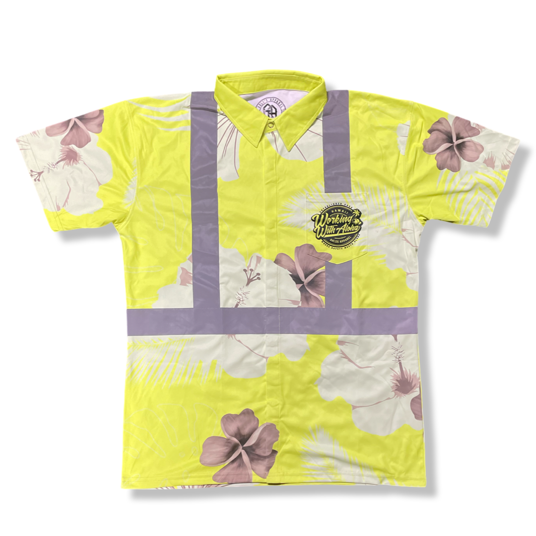 Yellow-Tropical Flowers - HI VIS Aloha polo