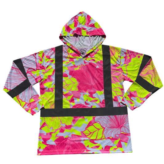 HIBISCUS CAMO - LONG SLEEVE HOODIE- PINK/YELLOW