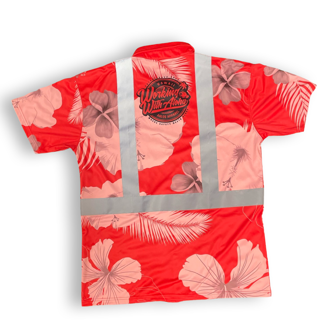 Red-Tropical Flowers-HI VIS Aloha Polo