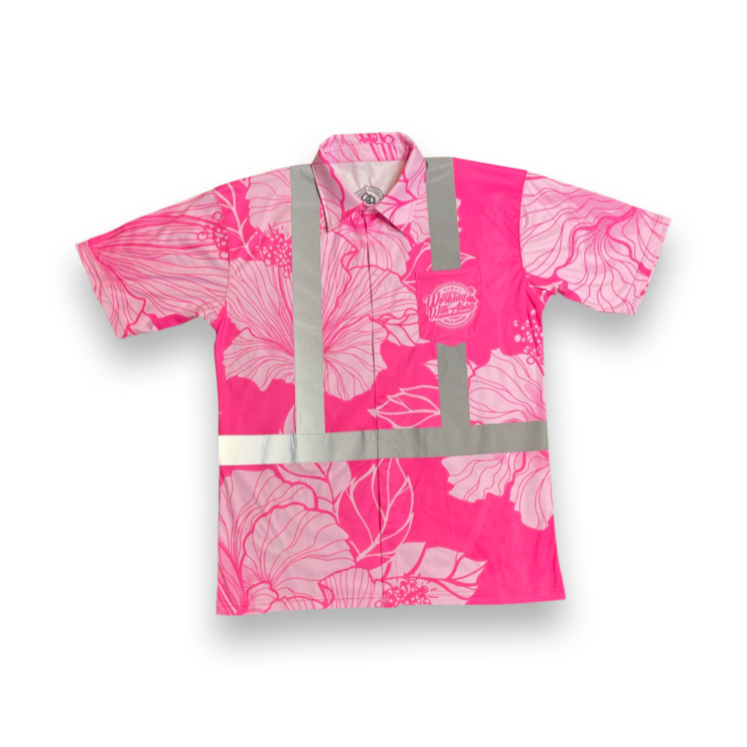 Pink - Hibiscus Flowers - HI VIS Aloha polo