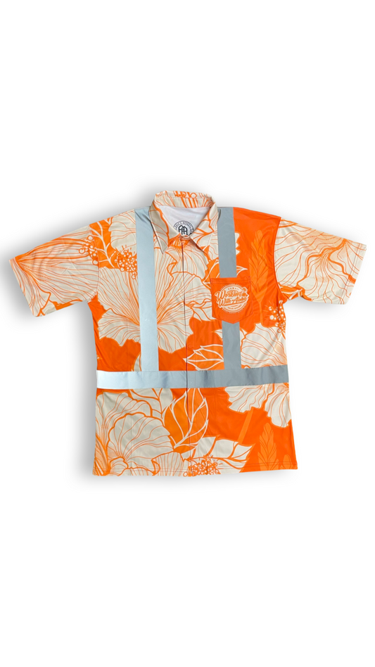 Orange-Hibiscus Flowers-HI VIS Aloha Polo