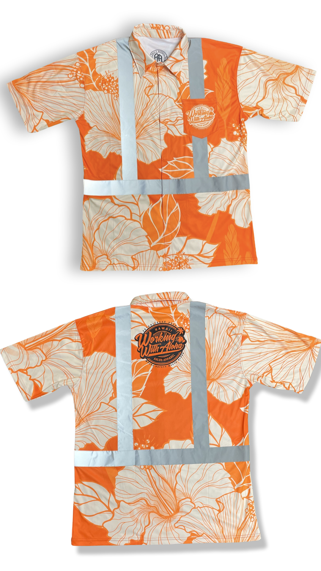 Orange-Hibiscus Flowers-HI VIS Aloha Polo