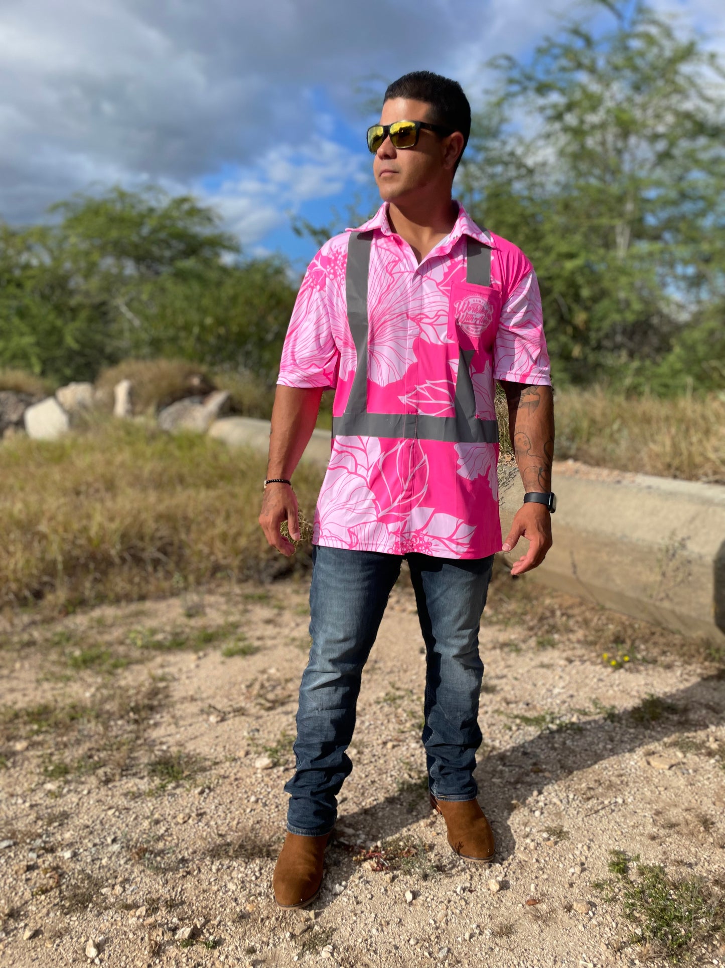 Pink - Hibiscus Flowers - HI VIS Aloha polo